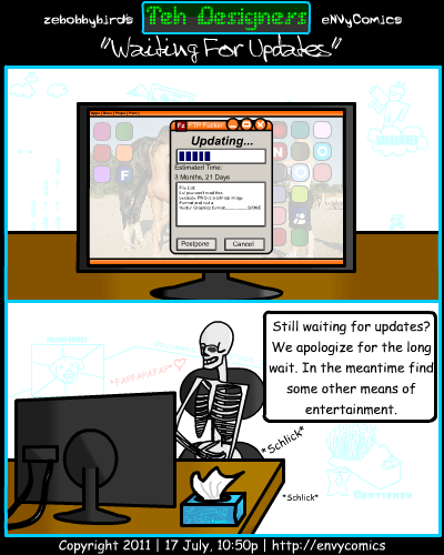 Computer Monitor displays a loading bar, showing an update in progress that will take 3 Months and 21 Days to complete. Below, a skeleton becomes weary of waiting and decided to... Ahem.... entertain herself.